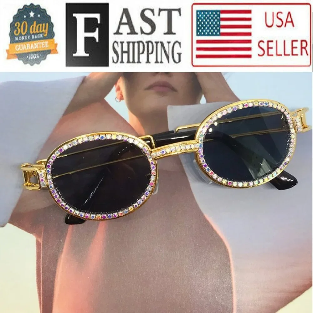 Round Black Lens Diamond Men Sunglasses Iceout Gold‎ Frame Hip Hop Style Lentes
